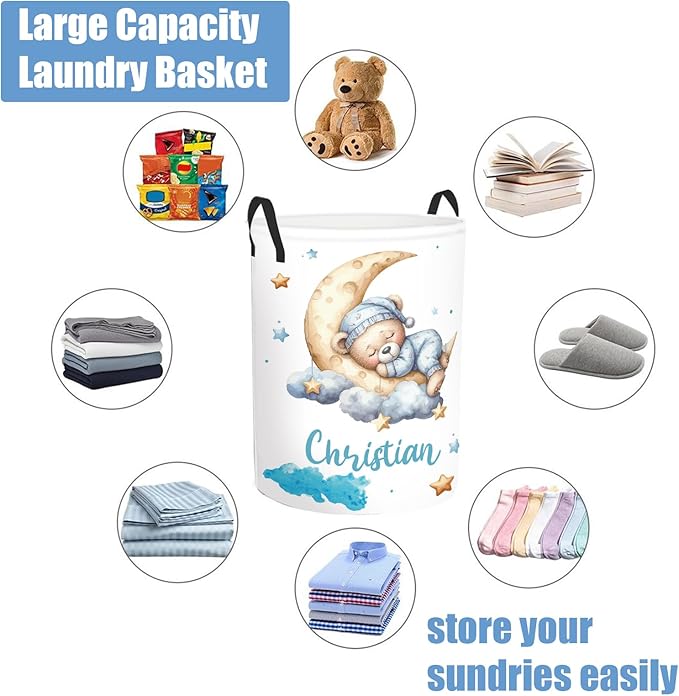 Personalized Baby Boys Laundry Basket for Nursery Bathroom Bedroom, Custom Bear Baby Laundry Hamper with Name and Handles, 2 Sizes Customize Baby Clothes Hamper for Girls Adults