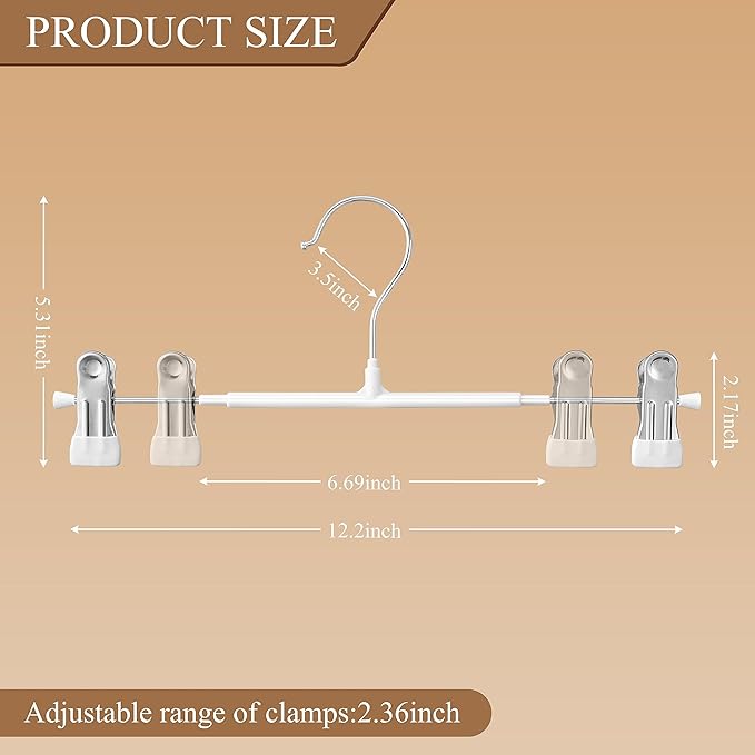 100PACK Pants Hangers with Clips Adjustable Skirt Hangers for Women White Metal Non-Slip Trousers Hanger Heavy Duty Space Saving Clothes Hanger for Shorts,Jeans,12Inch