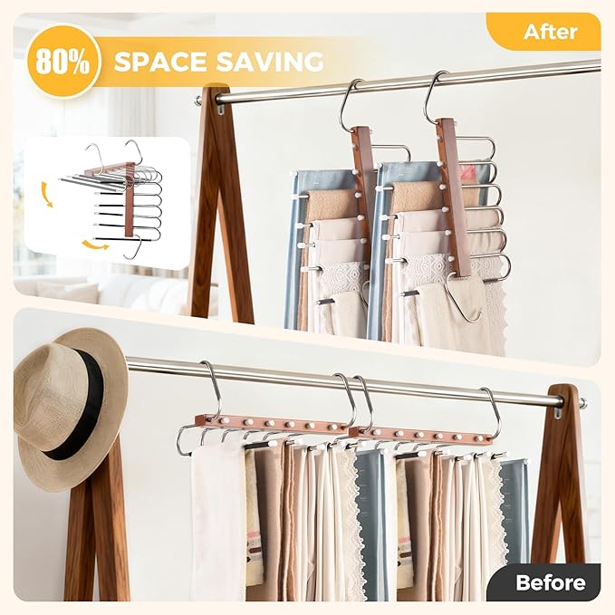 Pants Hangers Space Saving, 4 Packs Wooden Closet Organizer, Anti-Slip Design Leggings Hanger, Multi-Layer Clothing Pant Rack for Jeans, Trousers, Skirts, Scarves & Slacks