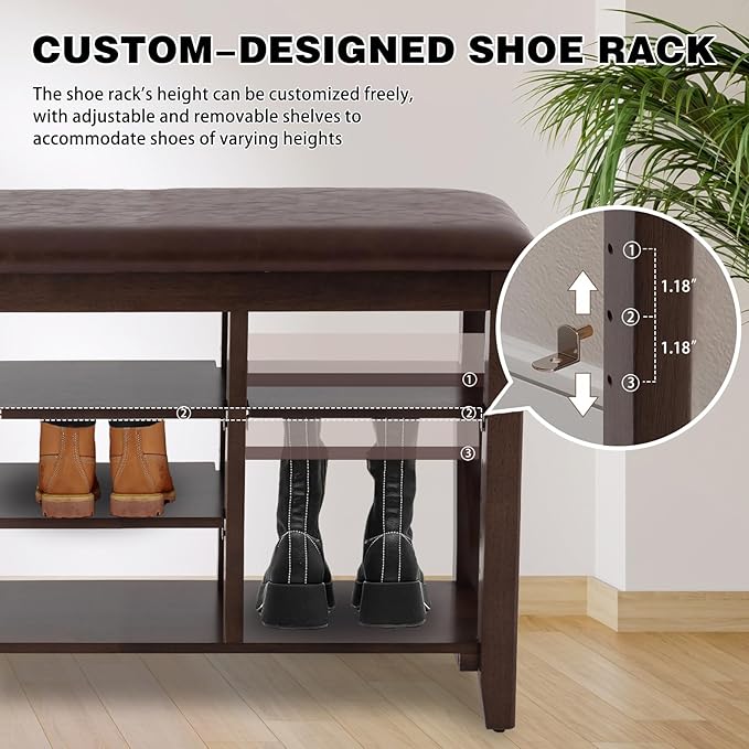PY HOME & SPORTS Shoe Rack for Entryway 23.6": 3-Tier Shoe Storage Bench, Adjustable/Removable Shelves, Rubberwood Shoe Benches for Hallway, Porch, Bathroom, Brown