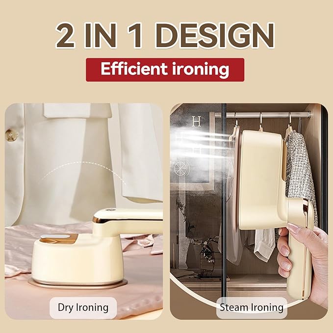 Portable Steamer Iron, 1100W High-Power Household Small Ironing Machine, 2-In-1 Travel Essential Steam Iron, 15S Preheating, 125ML Water Tank, Suitable for Home, Travel, Dormitory & Office Use (Beige)