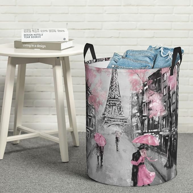Dujiea Eiffel Tower Pink Lovers in Paris Laundry Basket Round with Handle, Collapsible Foldable Canvas Storage Bin Dirty Clothes Bag for Laundry/Toys Organizer/College Dorm/Nursery/Decor(2 Sizes)