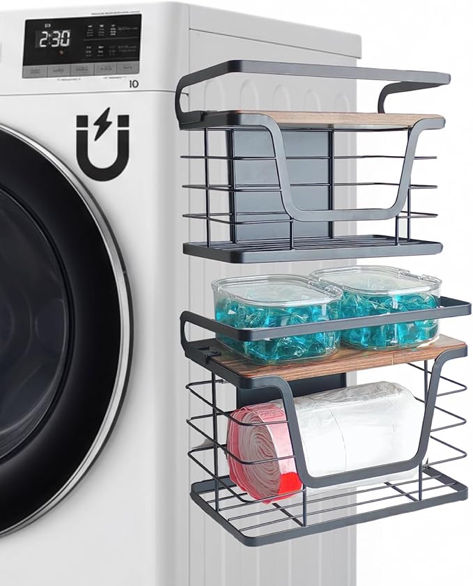 2 Pack Magnetic Trash Bag Holder, Wood Top with Guardrail, Garbage Bags, Potato and Onion Storage Bin, Magnetic&Adhesive Mount Trash Bag Dispenser for Fridge, Washer, Under Sink and RV Storage, Black