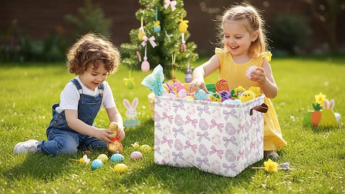 Rectangle Easter Basket Empty,Easter Gift Bakset for Kids,Easter Basket for Egg Hunting,Toys Bin with Handles,Room Decor(Bowknot Easter Basket)
