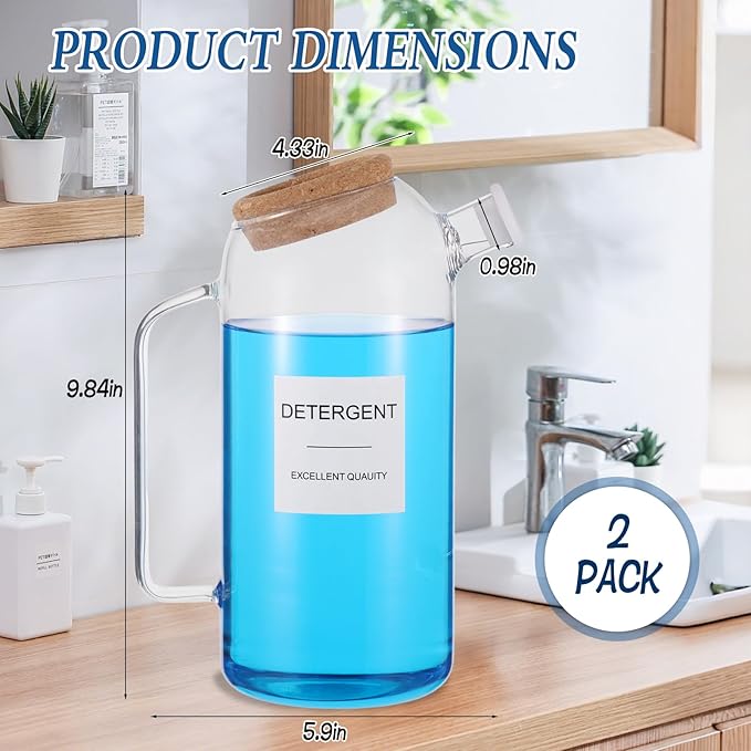 2 Sets Liquid Laundry Detergent Dispenser with Lables, 60oz Glass Laundry Detergent Dispenser, Ideal for Laundry Room Organization and Storage, for Bleach, Fabric Softener, Laundry Soap Dispensers