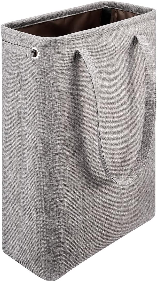 i BKGOO Laundry Basket with Handles Grey Coffee-Slim Laundry Bin Collapsible Dirty Clothes Basket Narrow Laundry Bag Foldable Dirty Hamper for Camping, Dorms, Apartments