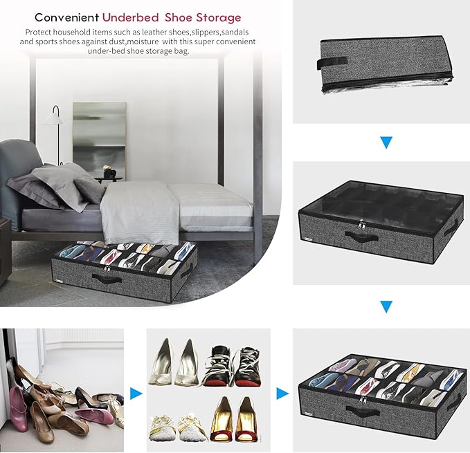 Onlyeasy Under Bed Shoe Storage Organizer For Closet, 4 Pack Fit 12x4 Pairs, Underbed Solution Shoes Container Bags with Sturdy Sidewall & Reinforced Handles, Breathable, Linen-like Black, MXAUBSB4P
