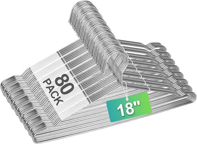 Metal Hangers Heavy Duty 18 Inch Clothes Hangers, Space Saving and Non-Slip Groove Stainless Steel 80 Pack Rustproof Clothes Hangers (11lb & 3.2mm), for Suits, Shirts, Pants, Dresses (Silver)