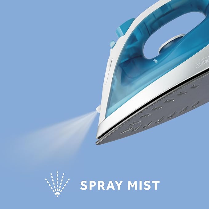 Sunbeam Compact Steam Iron, 1200 Watts, Non-Stick Soleplate, Powerful Shot of Steam, Horizontal or Vertical, Spray Mist, Precision Tip, White/Blue