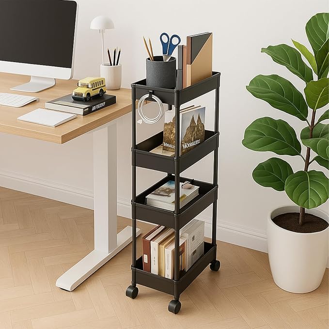ShellKingdom 4 Tier Bathroom Storage Organizer, Slim Rolling Storage Cart for Narrow Space, Mobile Shelving Unit with Lockable Wheels and Hooks for Bathroom, Kitchen, Laundry Movable Shelf (Black)