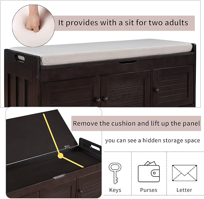 SOFTSEA Storage Bench with 3 Shutter Shaped Doors, Wooden Shoe Bench with Removable Cushion and Hidden Storage Space, Espresso