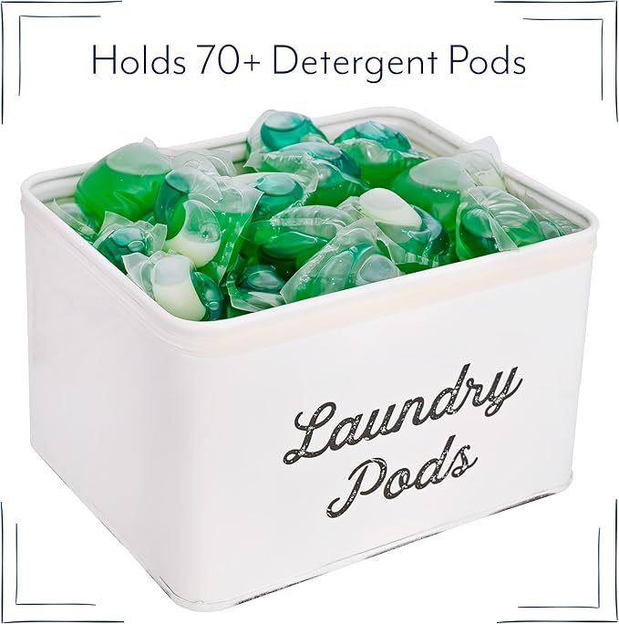 AuldHome Design Enamelware Laundry Pod Holder; Rustic White Laundry Pod Storage Container