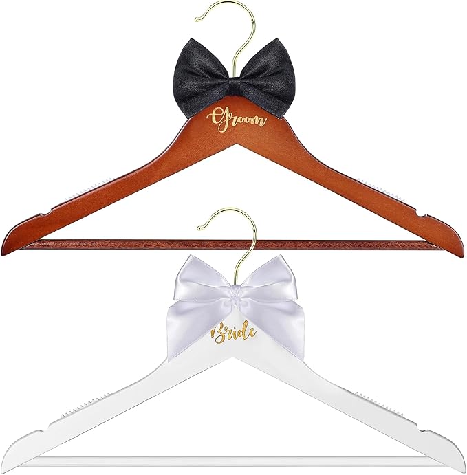 2 Pack Bride and Groom Wedding Hanger Set, Bridal Wedding Dress Hanger with Bow Tie for Wedding Gift Bridal Party & Shower