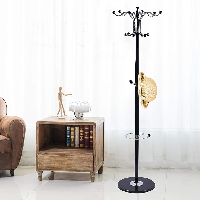 67" Metal Coat Rack Stand with Natural Marble Base, Free Standing Hall Tree with 16 Hooks for Hanging Scarf, Bag, Jacket, Home Entry-way Hat Hanger Organizer (Black)