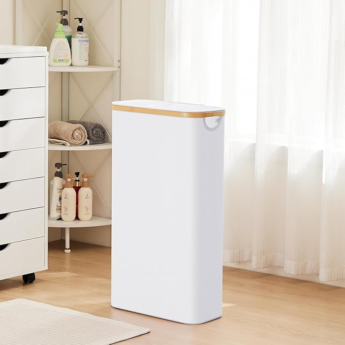 Slim Laundry Hamper with Lid by Fiona's magic, 63L Narrow Laundry Basket with Removable Bag, White Collapsible Dirty Clothes Basket, Thin Tall Storage Basket for Bathroom, Bedroom (White, 2Pack)