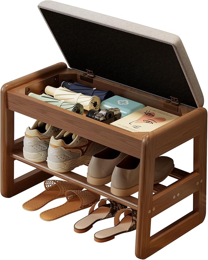 AQIMUELE Small Shoe Rack Bench,2 Tiers Shoe Bench with Storage with Flip-Top,Wood Shoe Rack for Entryway,Hallway（Walnut Upholstered Seat）