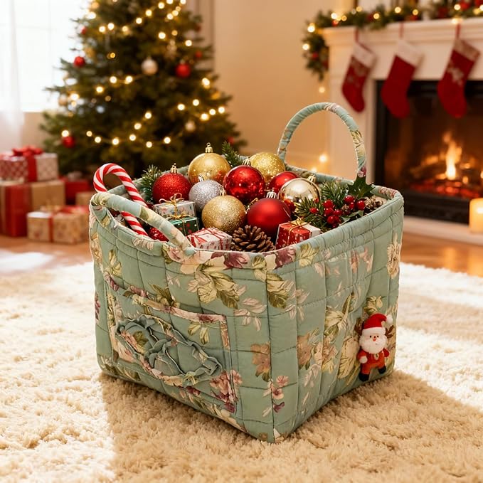 Mo&Cy Floral Pattern Storage Basket Large Capacity Fabric Storage Baskets Boho Floral Laundry Baskets with Easy Carry Handles,Baskets for Gifts Empty (Green Cottage)