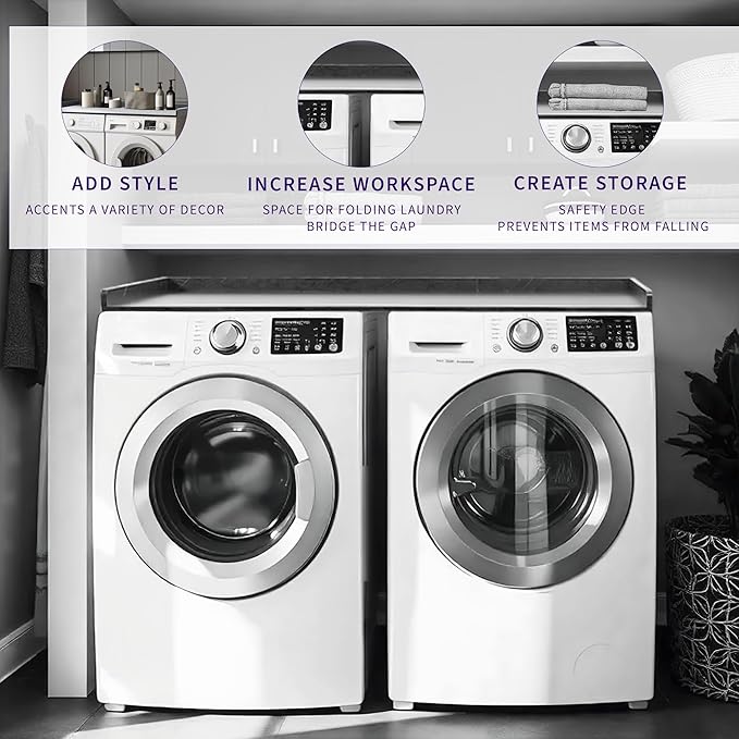 Life Finds 54 inch Washer Dryer Countertop with Safety Ledge for Laundry Room Organization, Black Marble Pattern, LF-WDCT1BM