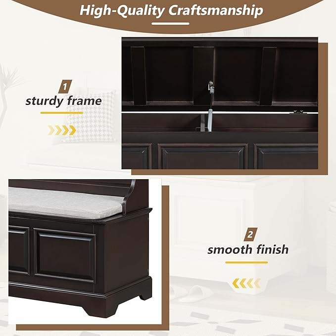 Retro Storage Bench Entryway Bench Shoe Cabinet with Safe Soft-Close Devices, Removable Seat Cushion, Backrest & Hidden Storage Space for Hallway Entryway Living Room Mudroom (Espresso(New))