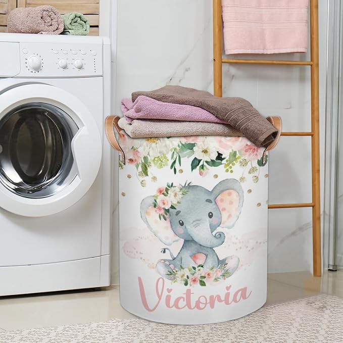 Personalized Laundry Basket, Custom Gift Laundry Hamper, Collapsible Nursery Waterproof Laundry Baskets, Dirty Clothes Toy Hamper with Handles Blush Floral Elephant Girl