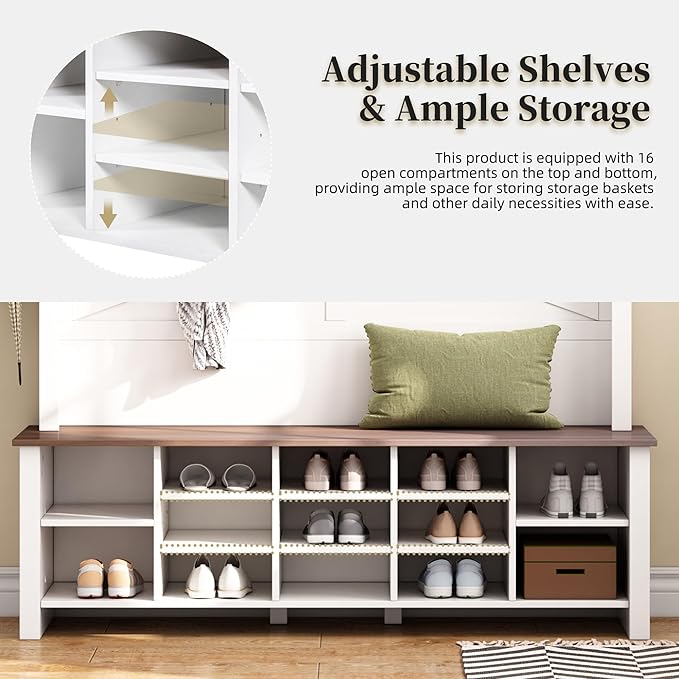 Merax Farmhouse Wood Hall Tree with 6 Hooks and Entryway Shoe Bench, 4-in-1 Coat Rack with 16 Open Compartments & Adjustable Shelves, for Entrance, Hallway, Mudroom, White