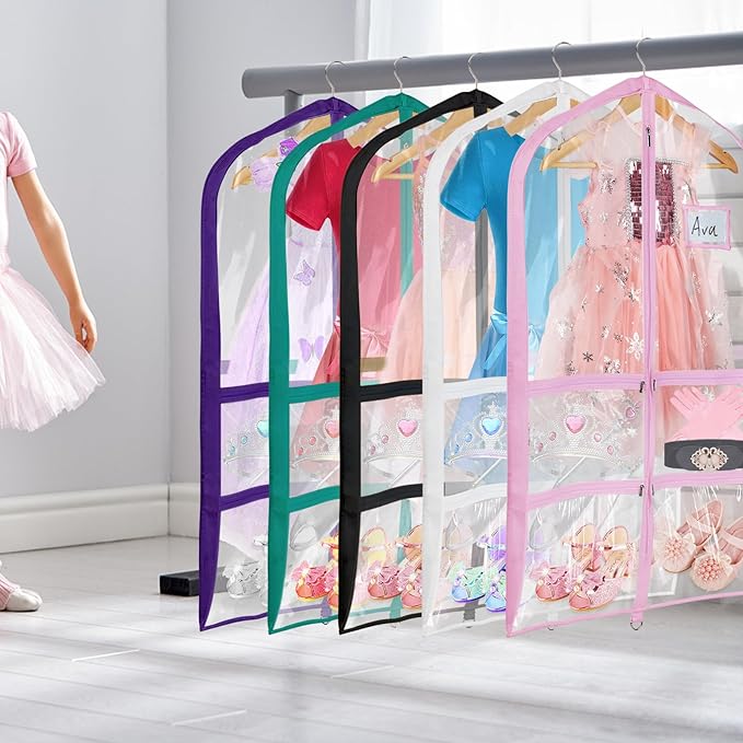 Univivi Clear PVC Dance Costume Bags Garment Bag 40 Inch for Dance Competitions, with 4 Medium Clear Zipper Pockets and 1 Large Back Zippered Pocket (1 Pack, Clear Purple)