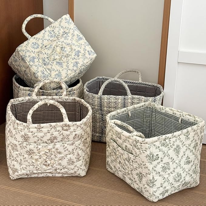 Quilted Fabric Basket Car Storage Basket Boho Floral Laundry Hamper for Nursery Bedroom & Living Room | Organize Clothes Toys
