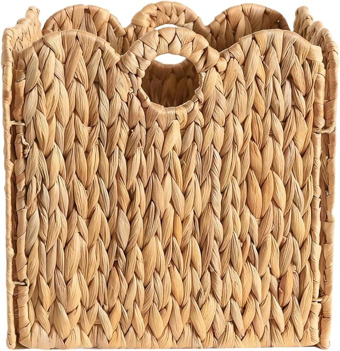 Scalloped Wicker Storage Cubes Basket, Heavy Duty Paper rope/Hyacinth/Seagrass Baskets for Shelves, Foldable Natural Boho Square Bins (Water Hyacinth, 10.5 x 10.5 x 10.5in, 4-Pack)