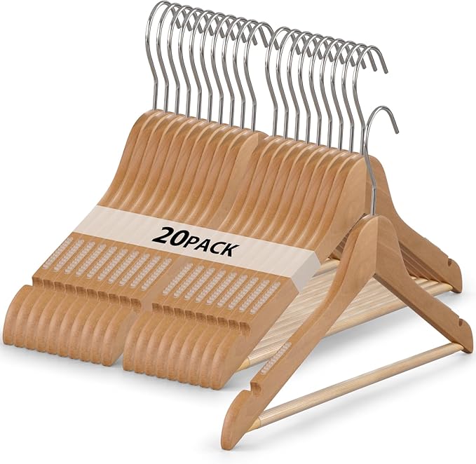 20-Pack Wooden Hangers, Schima superba Hanger, Natural Wood Suit Hangers with Non-Slip Trouser Bars, Hanger for Shirts, Jackets, Dresses, Wedding Dresses