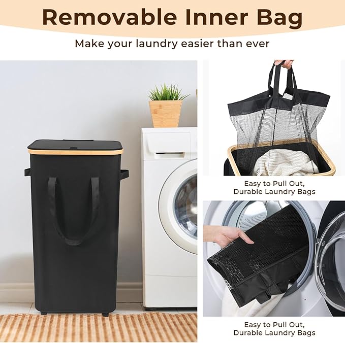 Large Laundry Hamper, 100L Laundry Basket with Handle and Removable Bag - Collapsible Clothes Basket Organizer for Laundry Room, Bedroom, Bathroom & Dorm - Black