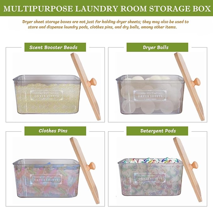 Dryer Sheet Holder with Bamboo Lid,Acrylic Laundry Clear Dryer Sheets Dispenser Container Box for Laundry Room Organization and Storage Holds Sheets,Balls,Clothes Pins,Laundry Pods (1 Pcs/2 Labels)