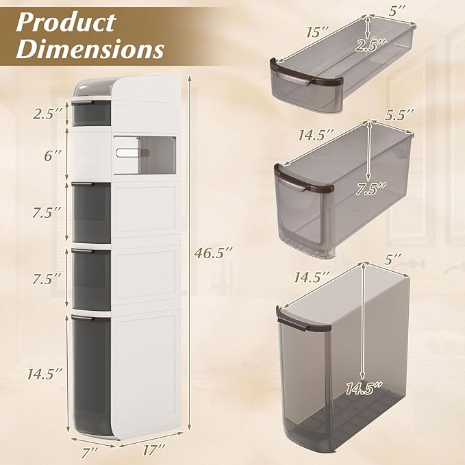 Giantex 6-Tiers Narrow Bathroom Storage Cabinet, Slim Rolling Toilet Paper Organizer w/Drawers, Tissue Box, Movable Plastic Storage Cart for Laundry Living Room Kitchen (17” x 7” x 46.5”(6 Tiers))