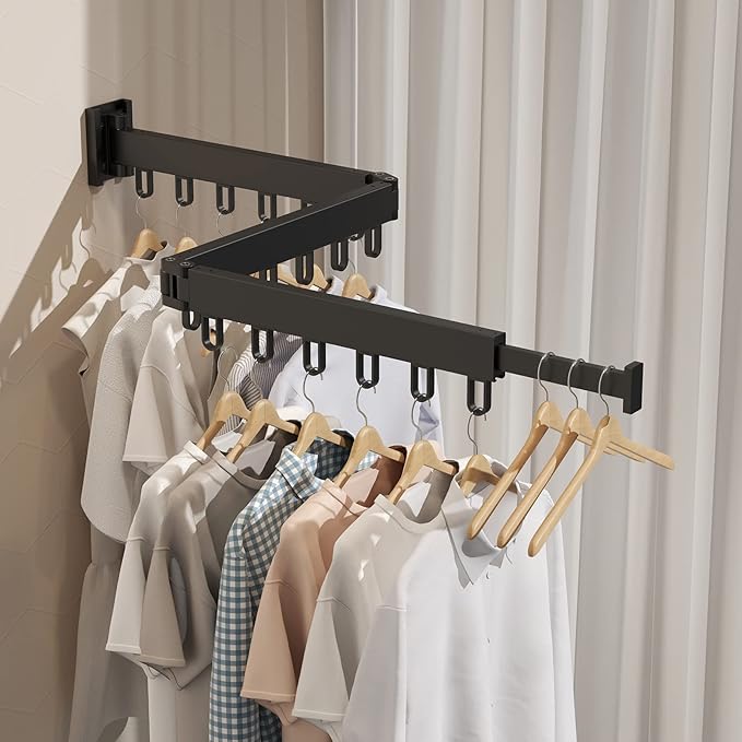 Clothes Drying Rack,Retractable Collapsible-Tri Folding Space Saver Wall Mount Drying Rack for Laundry Room/Bathroom/Window,Black