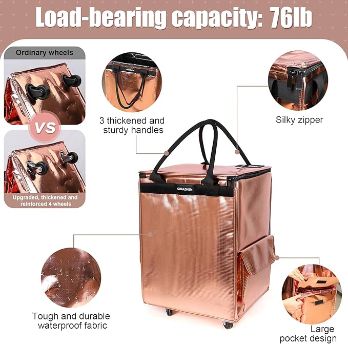 (Medium,Rose Gold) Reusable Grocery Bag on Wheels, Foldable Rolling Tote Bag with 3 Handles and Zipper, Storage Organizer for Clothes & Groceries, Rolling Shopping Cart, 76lb