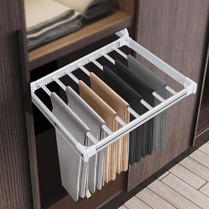 11 Arms Slide Out Pants Rack Closet Pants Hanger Bar Pull Out Trousers Rack Tie Belts Scarf Racks, Top Mounted Wardrobe Clothes Organizers Rail Pull Out Closet Storage Rod-Silver White