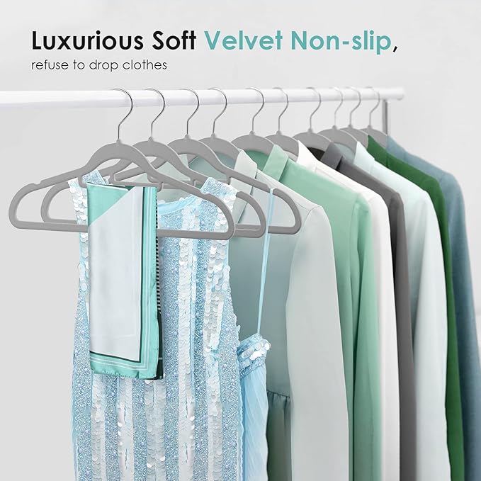 Velvet Hangers Non Slip Felt Hangers, 50 Pack Grey Velvet Clothes Hangers Space Saving Slim with 360 Degree Swivel Hook for Suits Coats, Jackets, Pants, and Dress Clothes