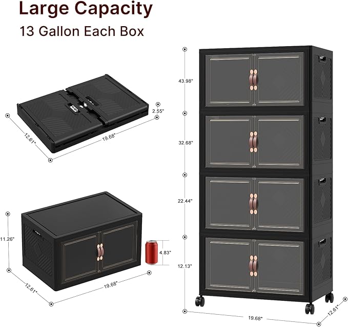 Extra Large Stackable Storage Bins, Lockable Storage Bins with Lids, Folding Storage box with Doors and Wheels, Collapsible Plastic Drawers for Home, Garage, Office (4, Black, Medium)