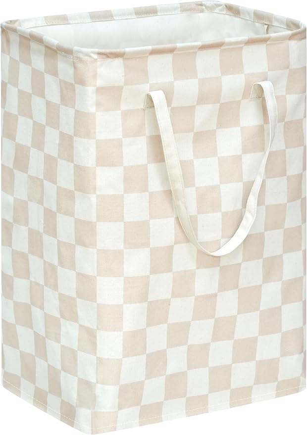 Beige Checkered Laundry Basket Girls Hamper Storage Bins Organizer Toy Box Large Canvas Collapsible Chest for Home/Dorm/Kitchen/Pet/Office/Closet/Shelf/Gift Baskets