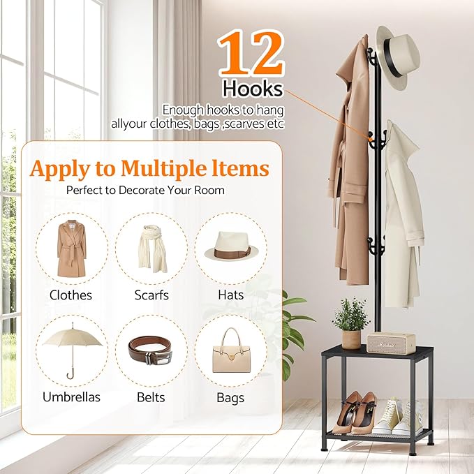 Hall Tree with Bench and Shoe Storage, Coat Rack Freestanding Coat Rack Shoe Bench, Corner Coat Hanger Stand Standing Hat Rack, Tree Stand Purse Rack Tree Black Coat Racks with Shelf