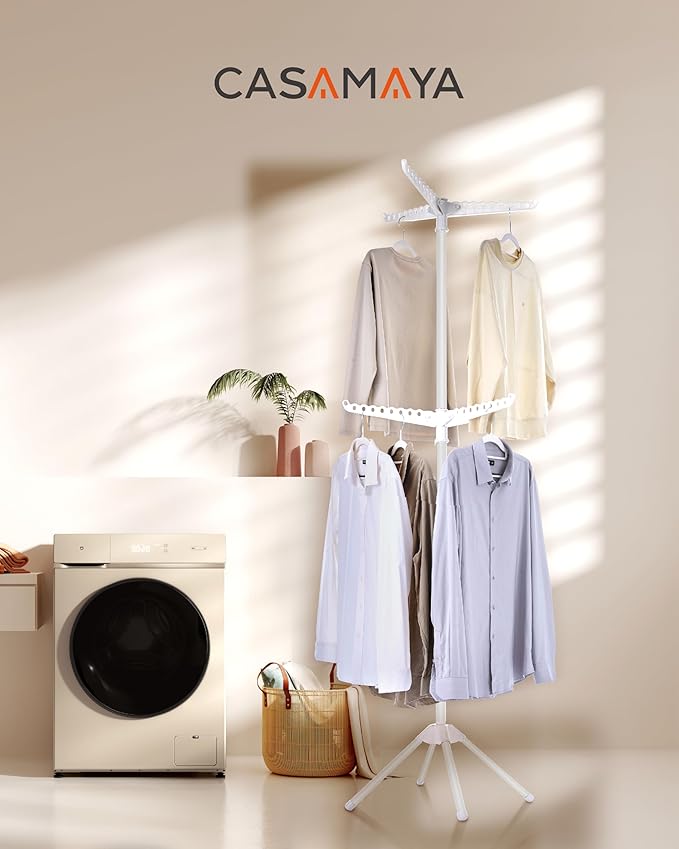 Clothes Drying Rack Foldable, 74.8 inch 2 Tier Laundry Drying Rack with Rotating Clothes Rail for 54 Pieces of Clothes, Space Saving, Indoor, Stainless Steel, White CDR002W11