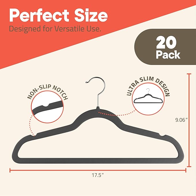 Gray Velvet Hangers 20 Pack – 360° Swivel Hook, Non-Slip and Space Saving Hangers, Heavy-Duty 11 lbs Weight Capacity - Smooth Velvet Finish for Crease-Free Clothes and Effortless Closet Organization