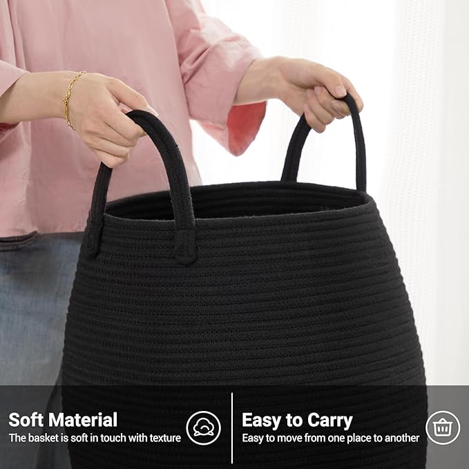 Cotton Rope Laundry Hamper Basket, 65L Woven Large Laundry Basket, Tall Dirty Clothes Hamper for Storage Blankets, Toys in Bedroom, Living Room Organizing-Collapsible-Black