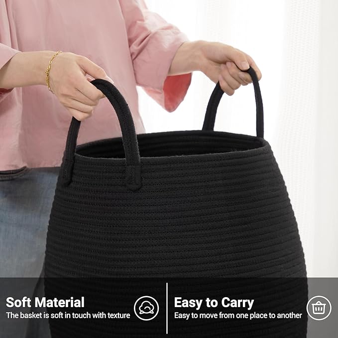Fiona's magic 105L Extra Large Laundry Hamper Basket, Woven Tall Clothes Hamper for Storage Blanket, Toys and Dirty Cothes in Bedroom and Living Room Organizer, Black