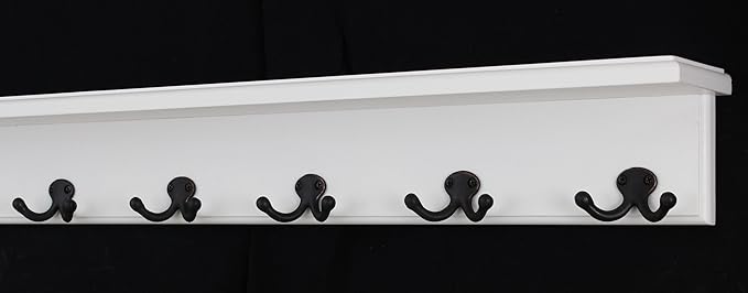White Shelf Coat Rack with Aged Bronze Double Style Hooks (26" with 5 Hooks)