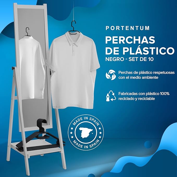 Pack of 10 Plastic Hangers for All Types of Clothes – 100% Recycled Plastic - 360º Swivel Hook - Space Saving - Accessory Holder - Hooks for Dresses and Blouses - Black - Made in Spain