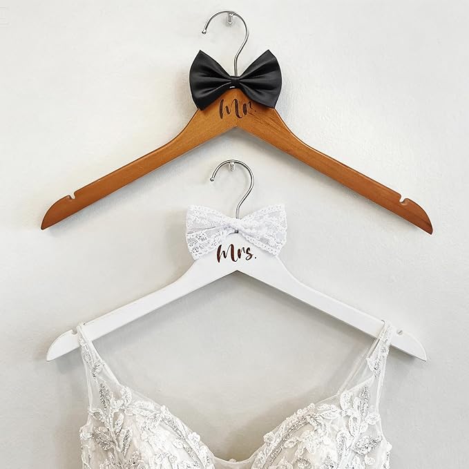 Mr. and Mrs. Wooden Bride Hanger, Wedding Dress Hangers for Bride with White Bow - Groom's Hanger with Black Bow Tie - Set of 2 (White + Vintage)
