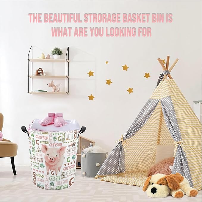 Pig Laundry Basket,Custom Laundry Hamper with Name,Personalized Pig Gifts for Boys Girls,Customize Collapsible Laundry Basket for Bedroom Bathroom,S-16.5"x 13.8"
