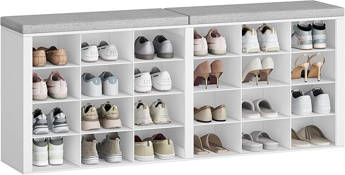 Shoe Storage Bench with Cushion, Entryway Storage Bench with 24 Cubbies, 9.5" Widened Organizer Cabinet, Long Cubby Rack for Living Room, Bedroom, Entryway, White SB32403GY