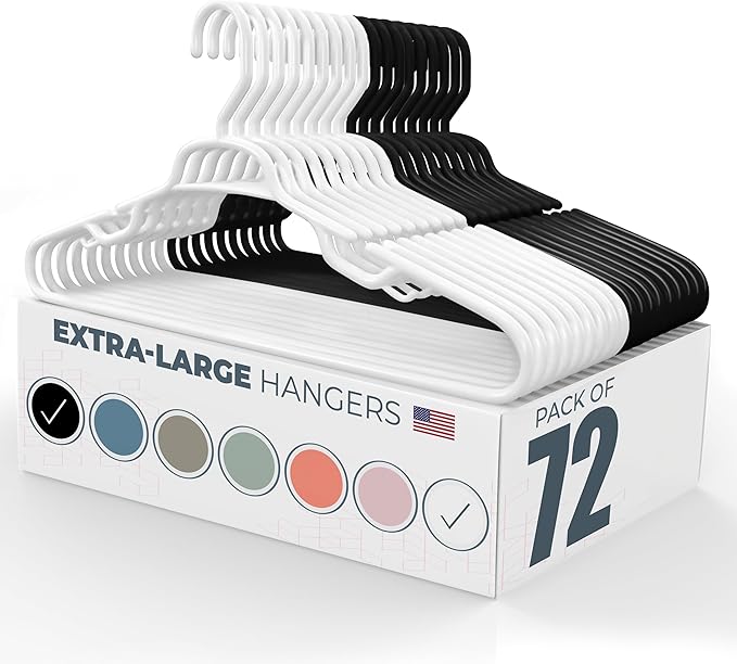 Neaties Large & Wide Heavy Duty Clothes Hangers 50+ Pack (72 Count) – Made in USA – Ideal for Plus Size Clothing – 10lb Plastic Hangers with Notches for Oversized Adult Coats & Pants – White & Black