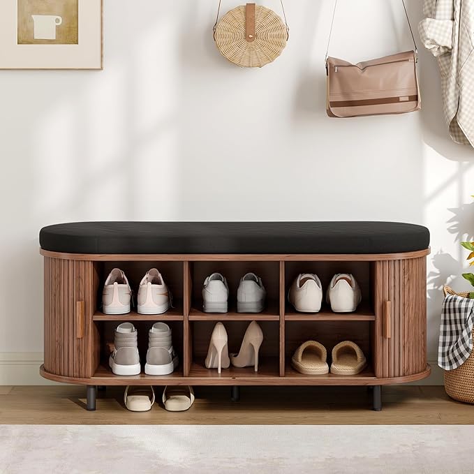 ONBRILL 43" Shoe Bench with Storage, Fluted Shoe Storage Bench with Cushion, Sliding Door and Adjustable Shelf, for Entryway, Hallway, Living Room, Walnut